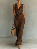 Natalie | Women's Cowl Neck Sleeveless Belted Maxi Dress, Flattering Summer Dress for Holidays and Everyday Wear, Flattering Summer Dress for Holidays and Everyday Wear - Brown