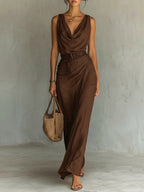 Natalie | Women's Cowl Neck Sleeveless Belted Maxi Dress, Flattering Summer Dress for Holidays and Everyday Wear, Flattering Summer Dress for Holidays and Everyday Wear - Brown