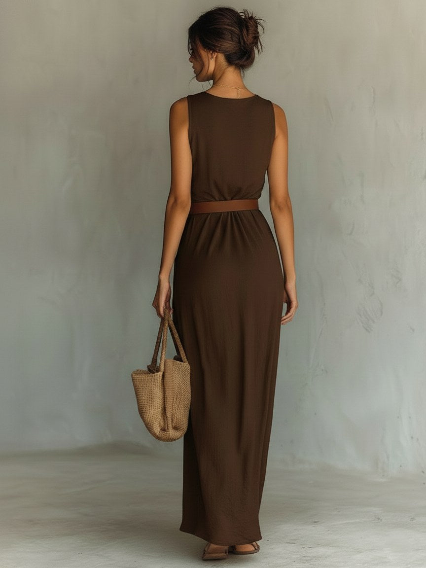 Natalie | Women's Cowl Neck Sleeveless Belted Maxi Dress, Flattering Summer Dress for Holidays and Everyday Wear, Flattering Summer Dress for Holidays and Everyday Wear - image 2