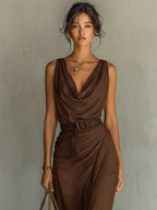 Natalie | Women's Cowl Neck Sleeveless Belted Maxi Dress, Flattering Summer Dress for Holidays and Everyday Wear, Flattering Summer Dress for Holidays and Everyday Wear - image 3