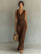 Natalie | Women's Cowl Neck Sleeveless Belted Maxi Dress, Flattering Summer Dress for Holidays and Everyday Wear, Flattering Summer Dress for Holidays and Everyday Wear - image 5