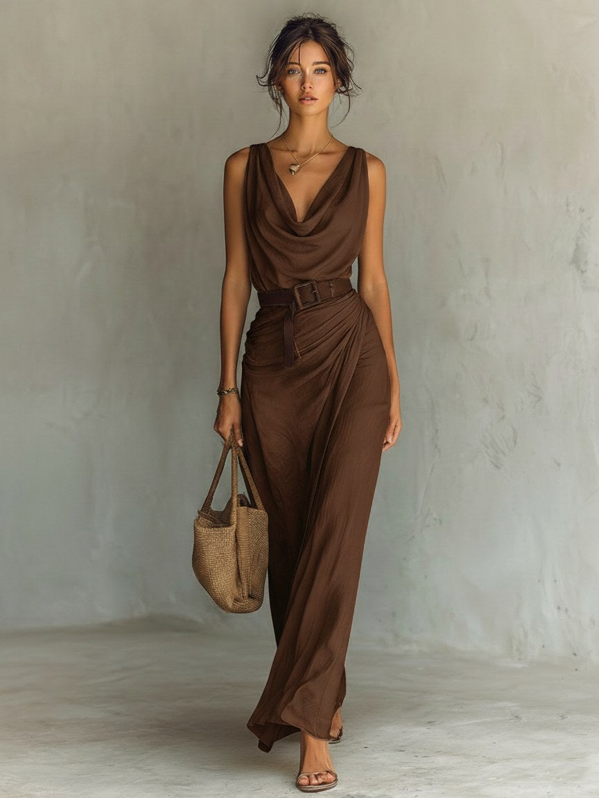 Natalie | Women's Cowl Neck Sleeveless Belted Maxi Dress, Flattering Summer Dress for Holidays and Everyday Wear, Flattering Summer Dress for Holidays and Everyday Wear - image 5
