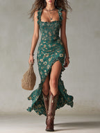 Natalie | Women's Floral Ruffle Strap Maxi Dress, Lightweight Summer Dress for Holidays and Resort Wear, Lightweight Summer Dress for Holidays and Resort Wear - Green