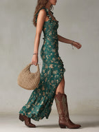 Natalie | Women's Floral Ruffle Strap Maxi Dress, Lightweight Summer Dress for Holidays and Resort Wear, Lightweight Summer Dress for Holidays and Resort Wear - Navy Blue