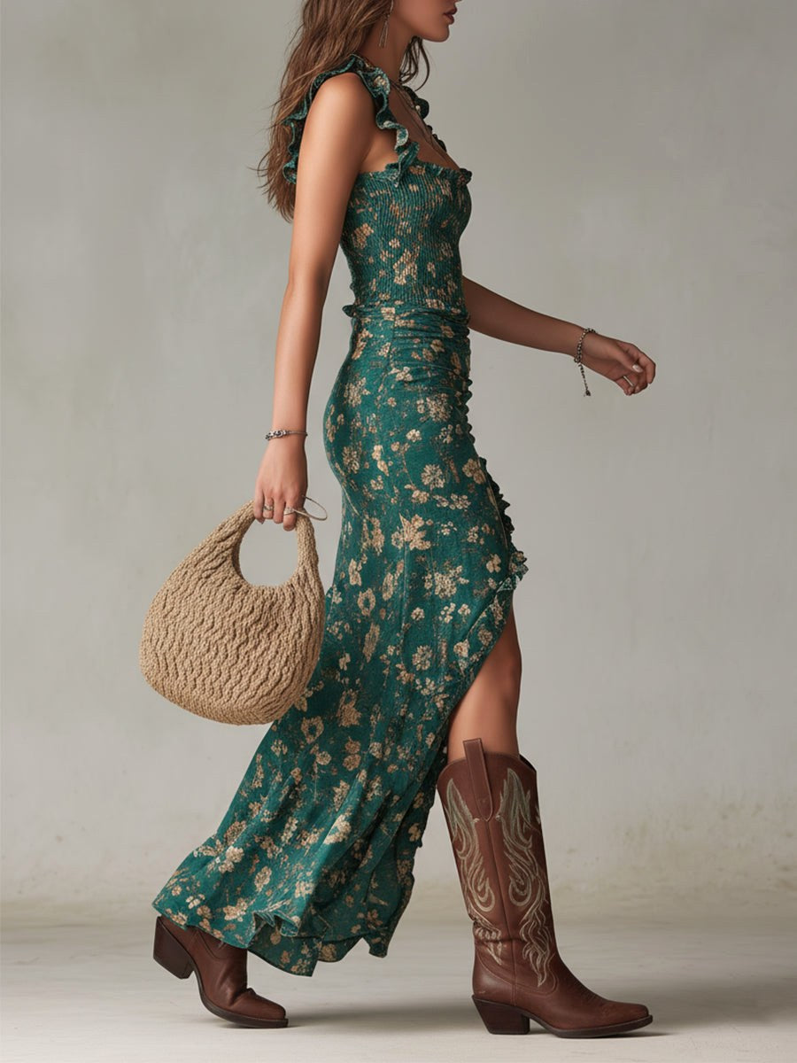 Natalie | Women's Floral Ruffle Strap Maxi Dress, Lightweight Summer Dress for Holidays and Resort Wear, Lightweight Summer Dress for Holidays and Resort Wear - Navy Blue