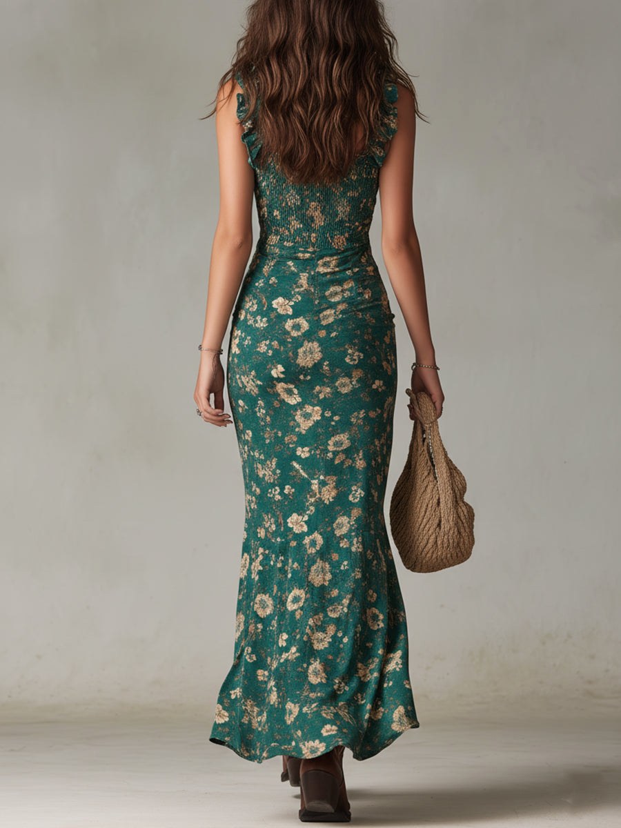 Natalie | Women's Floral Ruffle Strap Maxi Dress, Lightweight Summer Dress for Holidays and Resort Wear, Lightweight Summer Dress for Holidays and Resort Wear - Burgundy