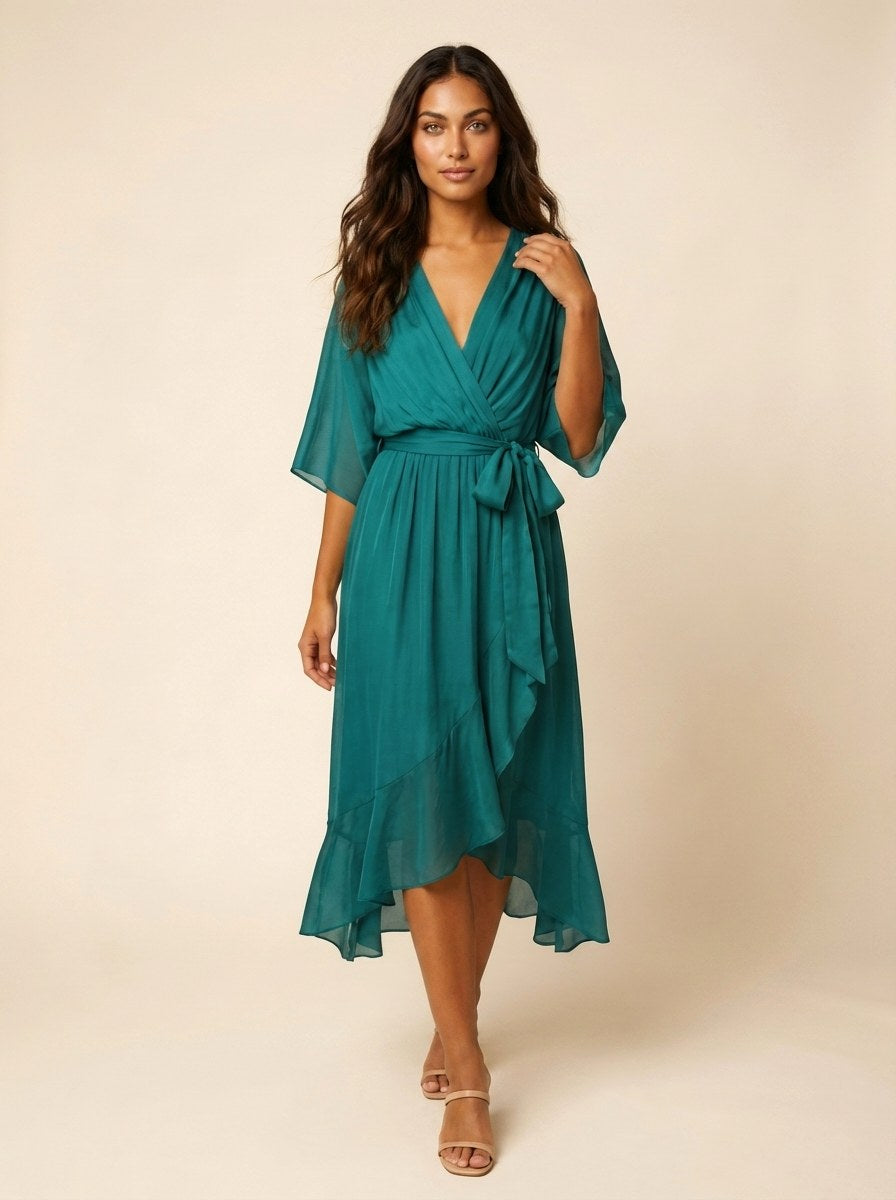 Paige | Women's Flowy Midi Wrap Dress with Tie Waist, V-Neck Midi Dress | Dressific | Groen