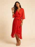 Paige | Women's Flowy Midi Wrap Dress with Tie Waist, V-Neck Midi Dress | Dressific | Oranje