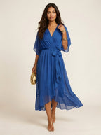 Paige | Women's Flowy Midi Wrap Dress with Tie Waist, V-Neck Midi Dress | Dressific | Zwart