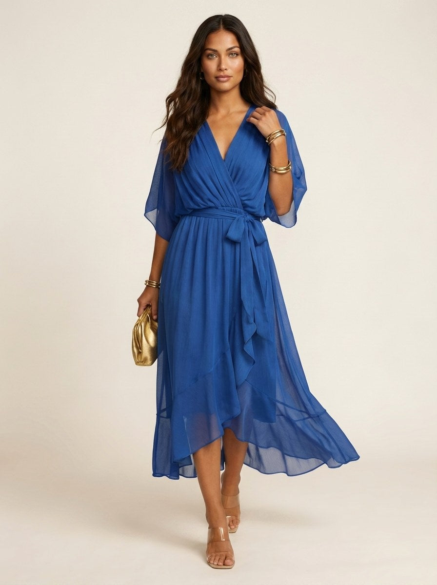 Paige | Women's Flowy Midi Wrap Dress with Tie Waist, V-Neck Midi Dress | Dressific | Zwart