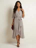 Paige | Women's Flowy Midi Wrap Dress with Tie Waist, V-Neck Midi Dress | Dressific | Blauw