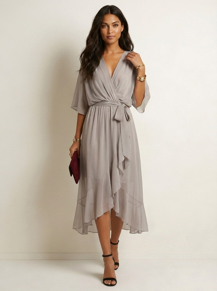 Paige | Women's Flowy Midi Wrap Dress with Tie Waist, V-Neck Midi Dress | Dressific | Blauw