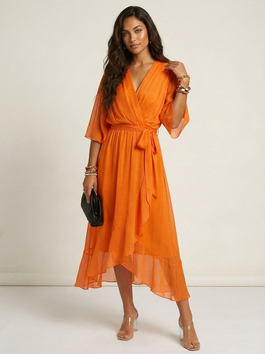 Paige | Women's Flowy Midi Wrap Dress with Tie Waist, V-Neck Midi Dress | Dressific | Donkerpaars