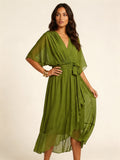 Paige | Women's Flowy Midi Wrap Dress with Tie Waist, V-Neck Midi Dress | Dressific | Grijs