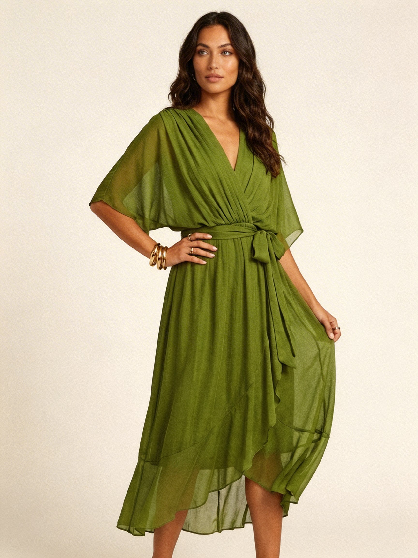 Paige | Women's Flowy Midi Wrap Dress with Tie Waist, V-Neck Midi Dress | Dressific | Grijs