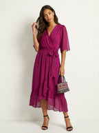 Paige | Women's Flowy Midi Wrap Dress with Tie Waist, V-Neck Midi Dress | Dressific | Wit