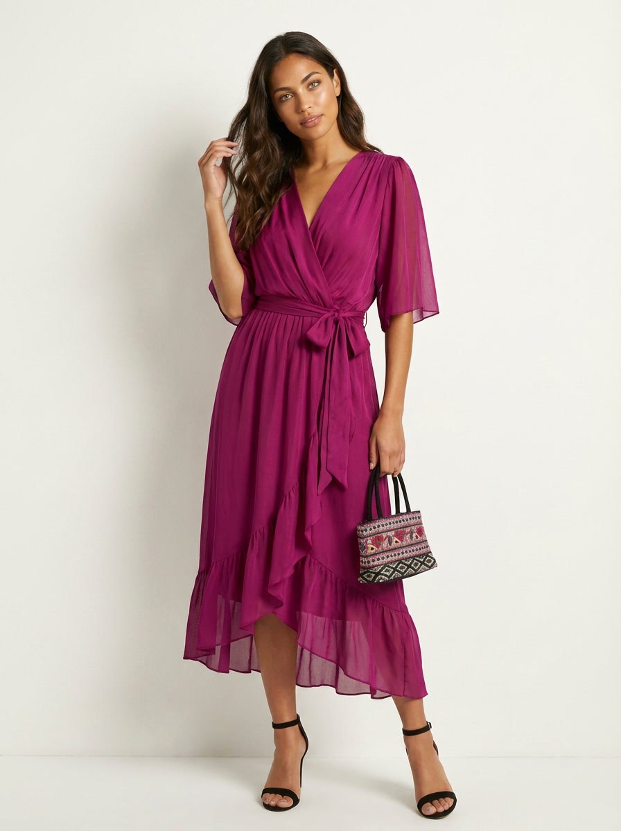 Paige | Women's Flowy Midi Wrap Dress with Tie Waist, V-Neck Midi Dress | Dressific | Wit