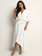 Paige | Women's Flowy Midi Wrap Dress with Tie Waist, V-Neck Midi Dress | Dressific | Paars