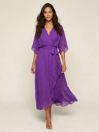 Paige | Women's Flowy Midi Wrap Dress with Tie Waist, V-Neck Midi Dress | Dressific | Rood