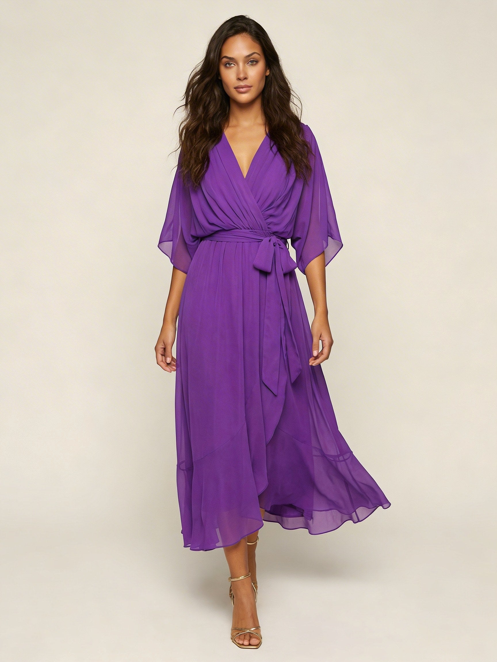Paige | Women's Flowy Midi Wrap Dress with Tie Waist, V-Neck Midi Dress | Dressific | Rood