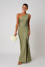 Rachael | Women's One-Shoulder Satin-Look Maxi Dress, High-Split Evening Dress | Dressific | Groen