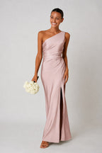 Rachael | Women's One-Shoulder Satin-Look Maxi Dress, High-Split Evening Dress | Dressific | Zwart