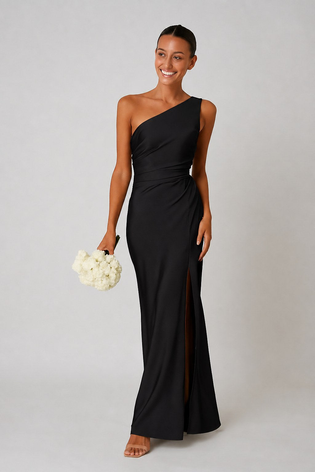 Rachael | Women's One-Shoulder Satin-Look Maxi Dress, High-Split Evening Dress | Dressific