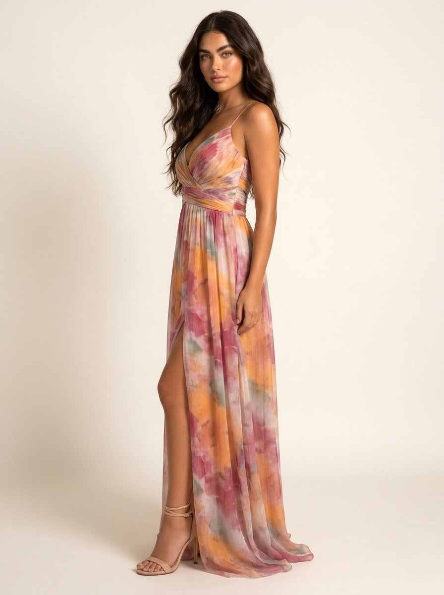 Renee | Women's Watercolour Print Maxi Dress, V-Neck Occasion Dress | Dressific | Groen