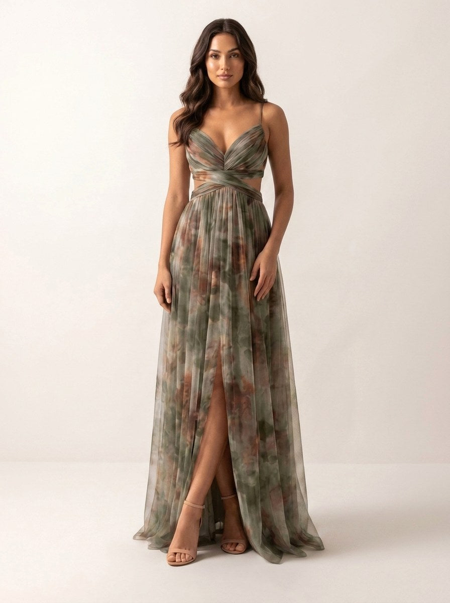 Renee | Women's Watercolour Print Maxi Dress, V-Neck Occasion Dress | Dressific | Geel