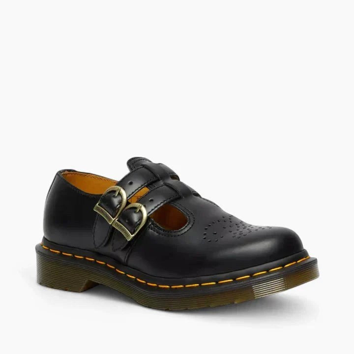 Rhianna | Women's Double Buckle Leather Mary Jane Flats, Perforated Heart Detail Flats | Dressific | Black