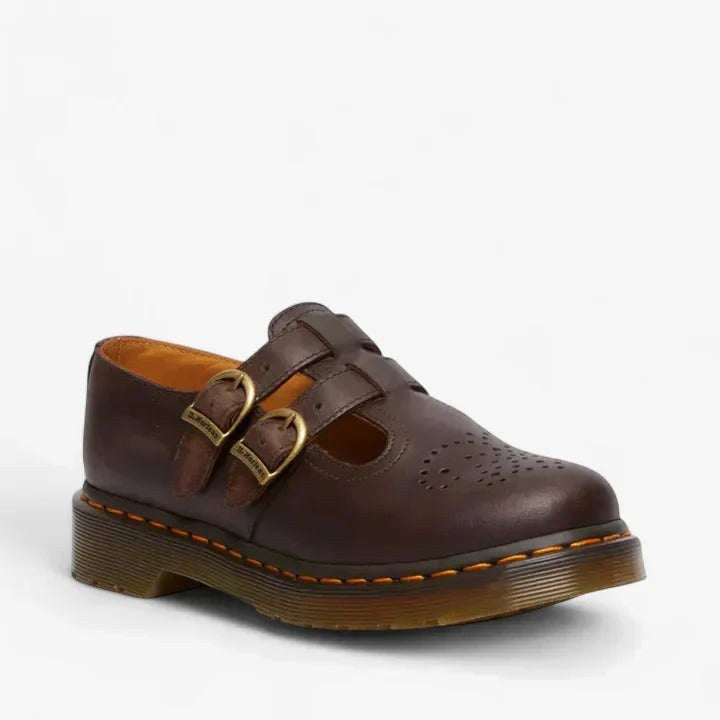 Rhianna | Women's Double Buckle Leather Mary Jane Flats, Perforated Heart Detail Flats | Dressific