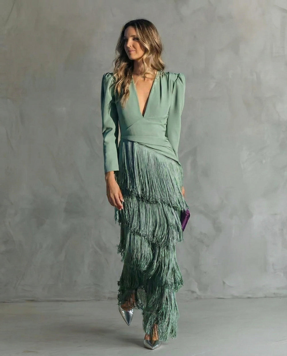 Rhiannon | Women's Midi Dress with Layered Fringe Detail, Flowing Midi Dress | Dressific | Verde claro
