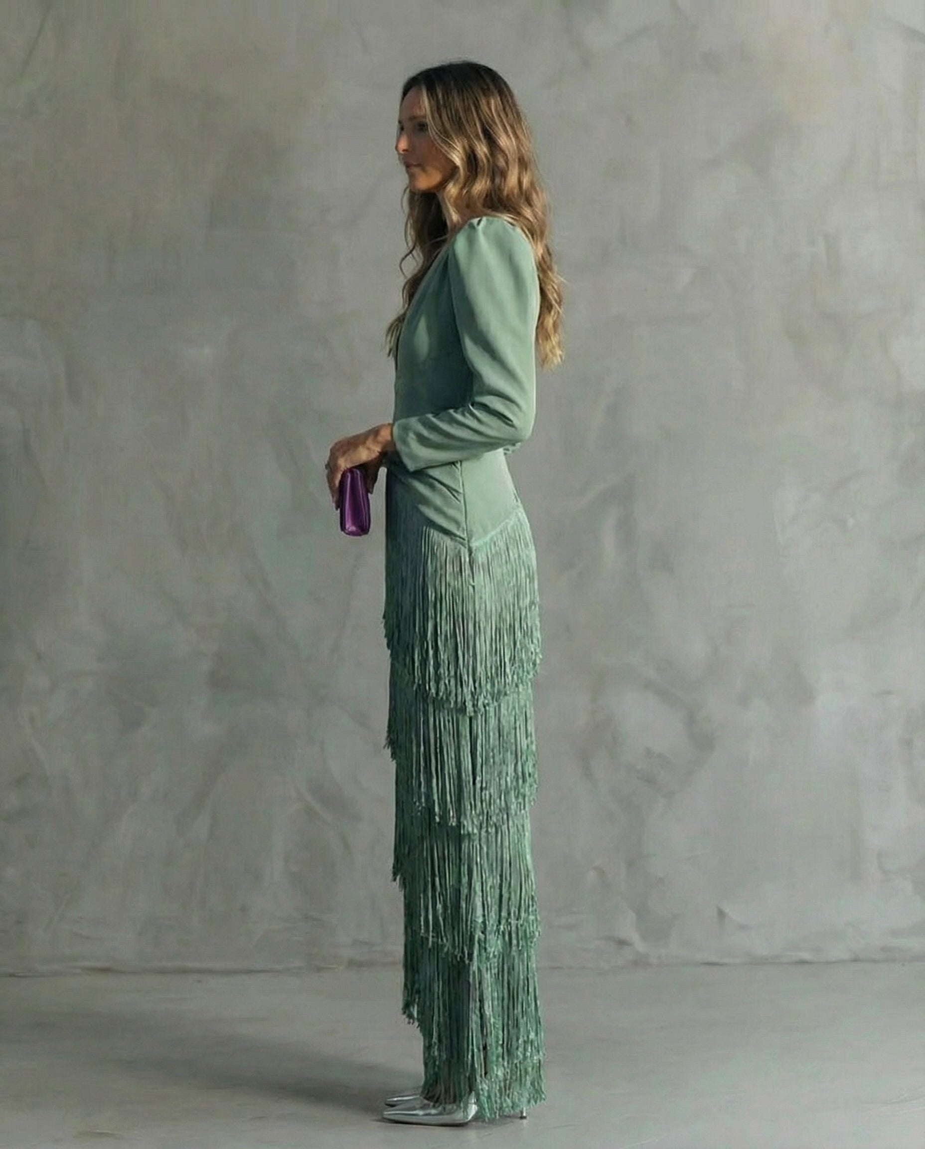 Rhiannon | Women's Midi Dress with Layered Fringe Detail, Flowing Midi Dress | Dressific | Azul