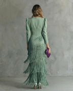 Rhiannon | Women's Midi Dress with Layered Fringe Detail, Flowing Midi Dress | Dressific | Color raíz de loto