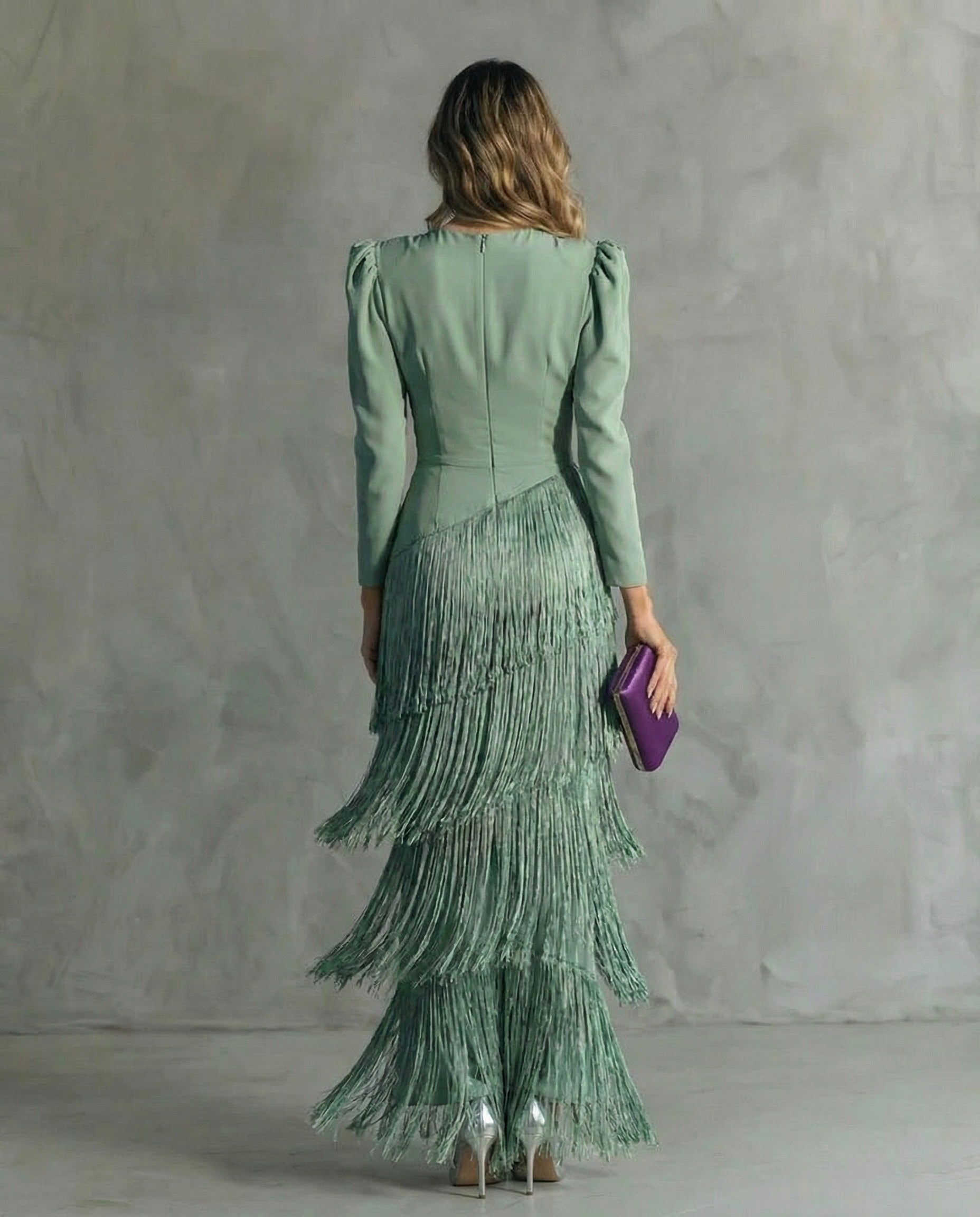 Rhiannon | Women's Midi Dress with Layered Fringe Detail, Flowing Midi Dress | Dressific | Color raíz de loto