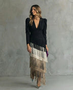 Rhiannon | Women's Midi Dress with Layered Fringe Detail, Flowing Midi Dress | Dressific