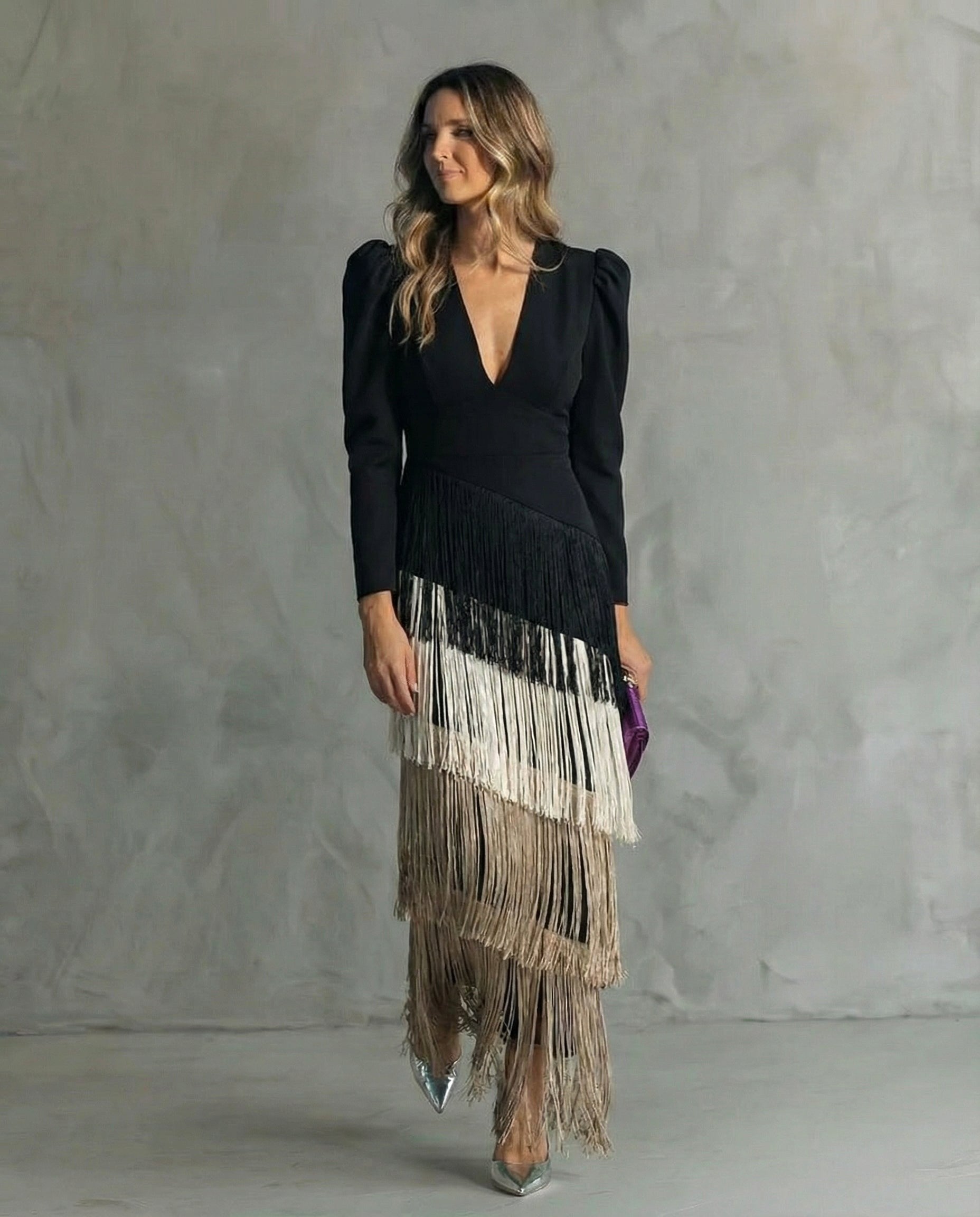 Rhiannon | Women's Midi Dress with Layered Fringe Detail, Flowing Midi Dress | Dressific
