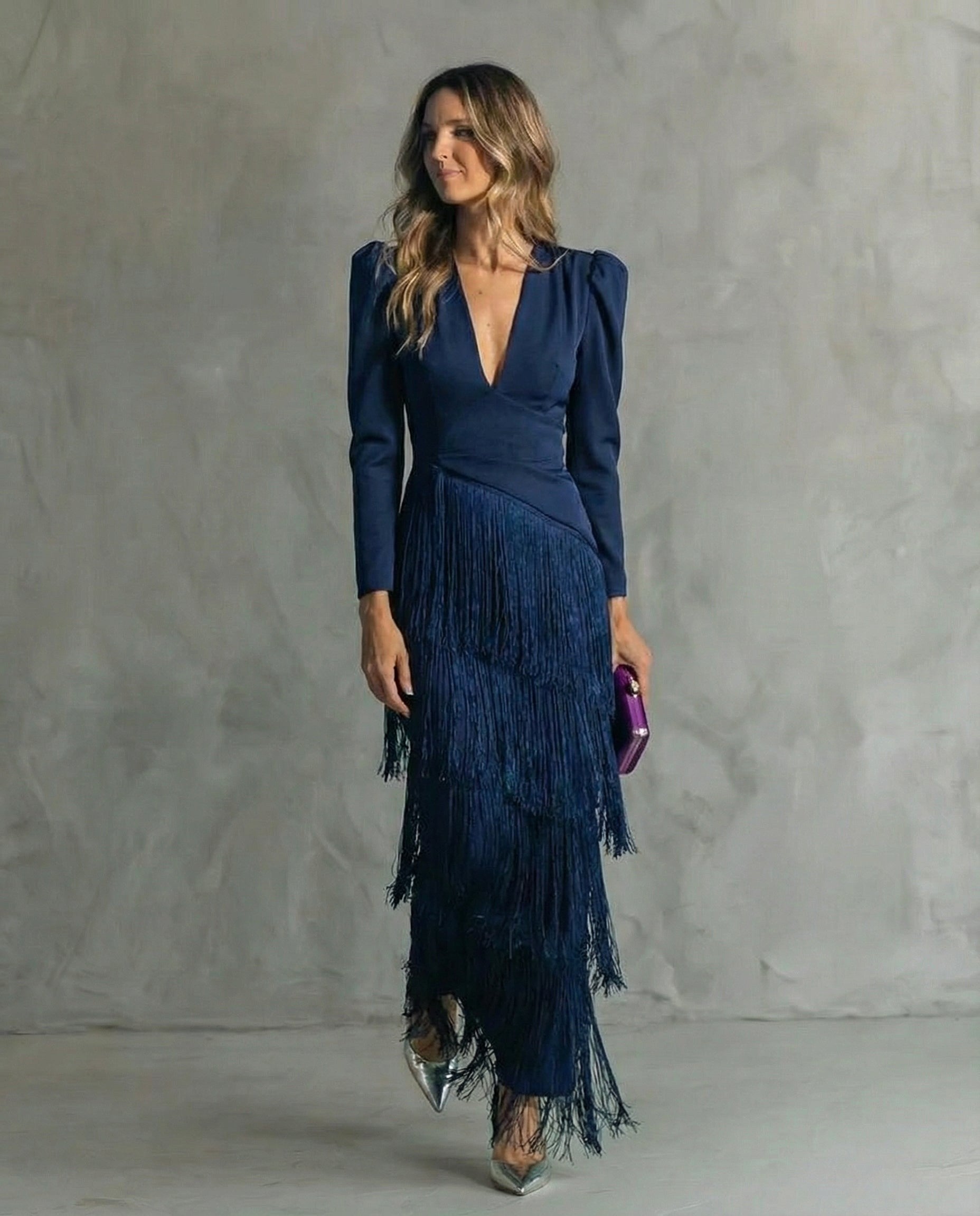 Rhiannon | Women's Midi Dress with Layered Fringe Detail, Flowing Midi Dress | Dressific