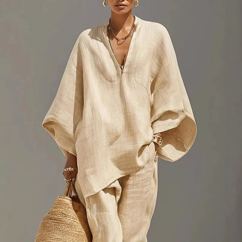 Riley | Women's Batwing Sleeve Two-Piece Set, Coordinated Summer Outfit for Holidays and Casual Wear, Coordinated Summer Outfit for Holidays and Casual Wear - Apricot