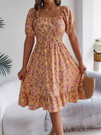 Ruby | Women's Floral Dress with Square Neckline, High-Waist Midi Dress | Dressific