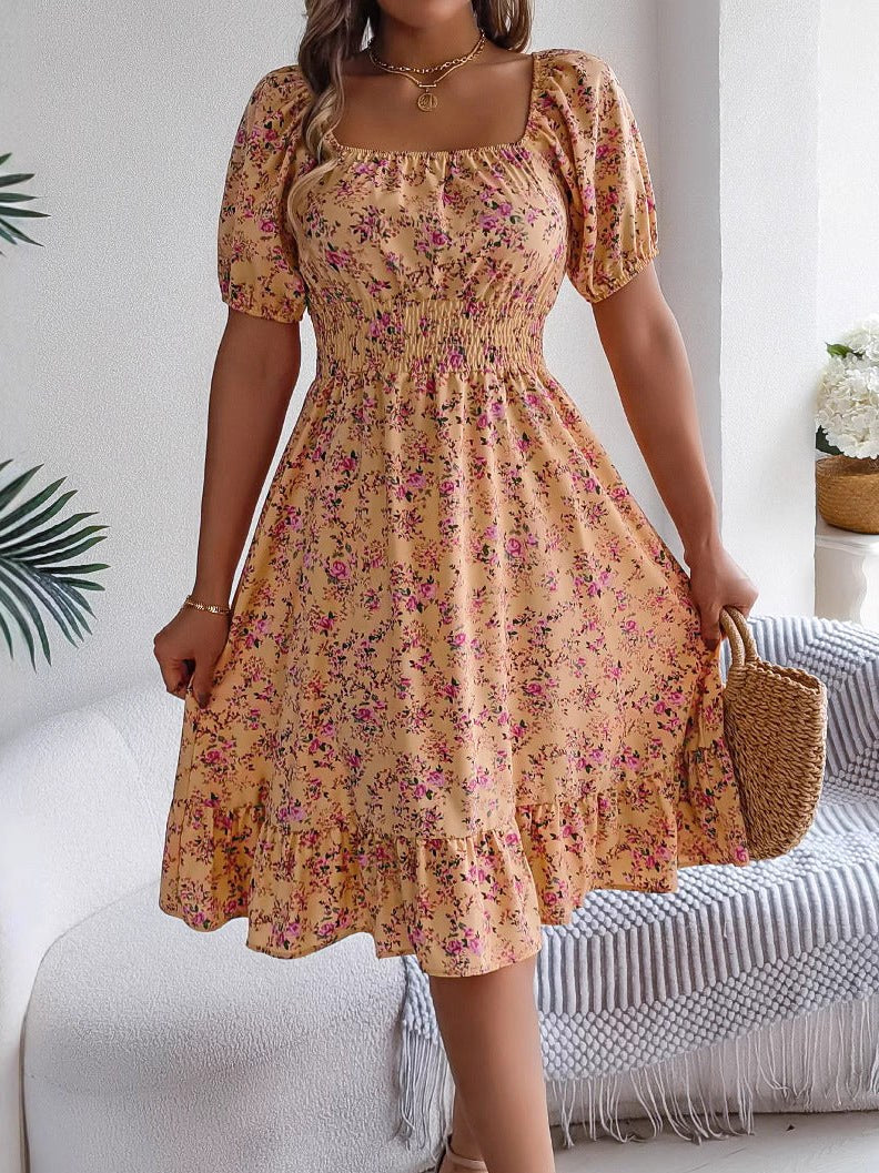 Ruby | Women's Floral Dress with Square Neckline, High-Waist Midi Dress | Dressific