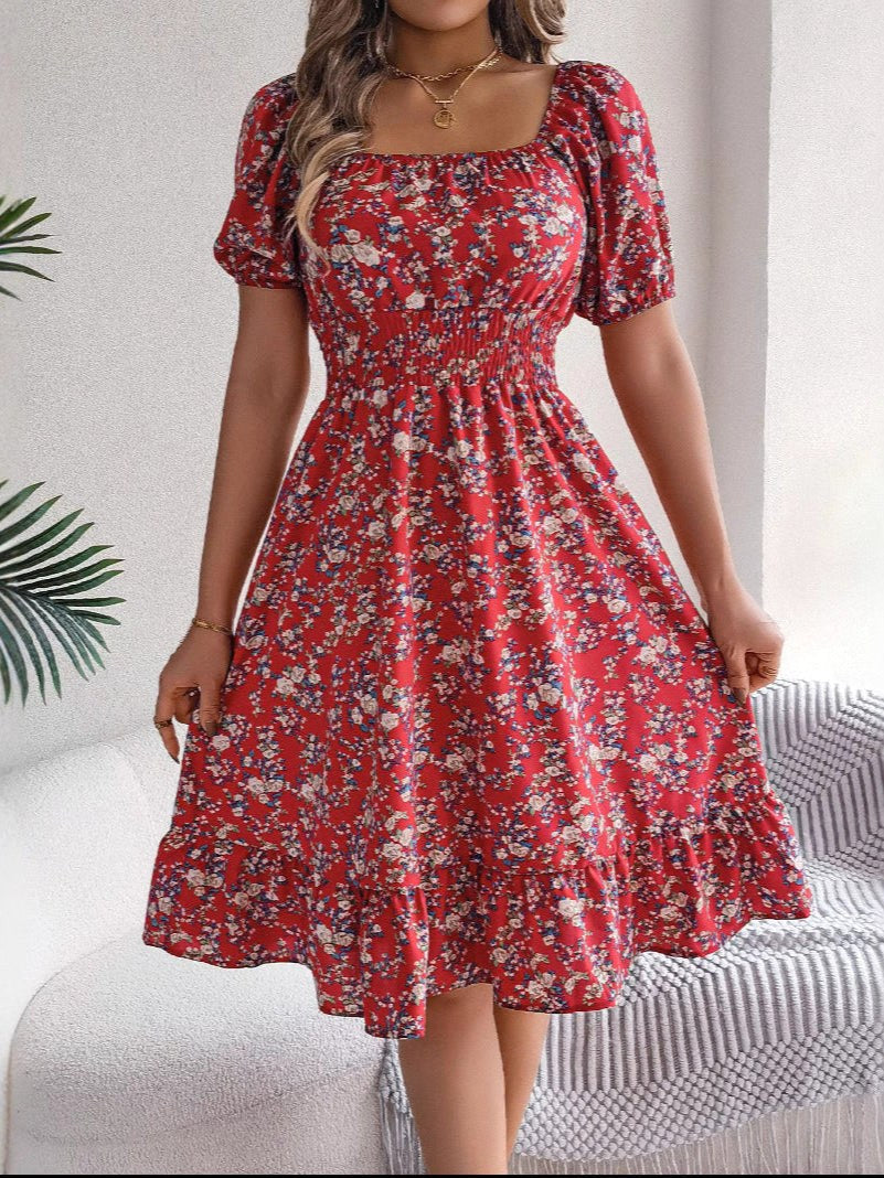 Ruby | Women's Floral Dress with Square Neckline, High-Waist Midi Dress | Dressific