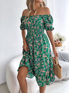 Ruby | Women's Floral Dress with Square Neckline, High-Waist Midi Dress | Dressific
