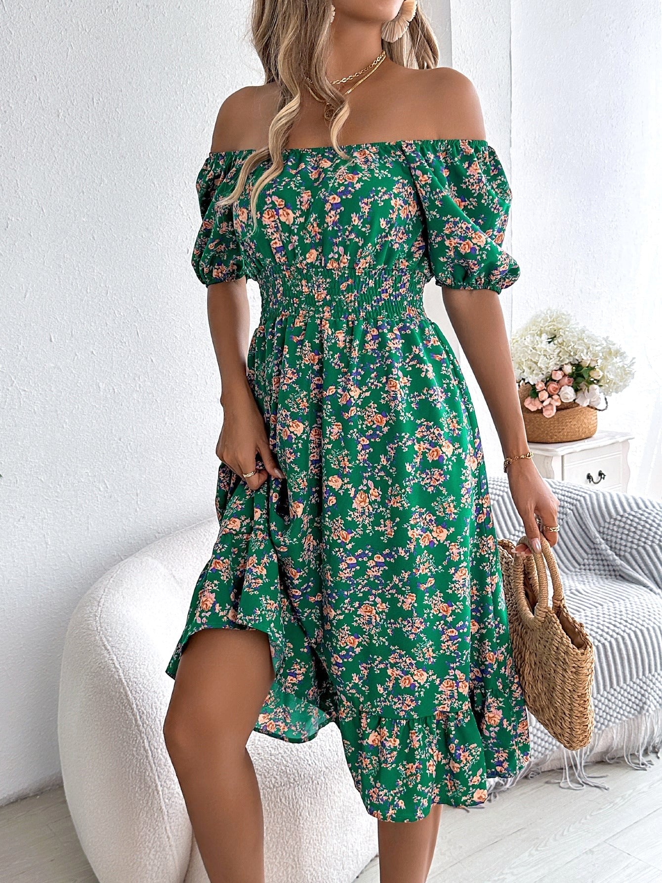 Ruby | Women's Floral Dress with Square Neckline, High-Waist Midi Dress | Dressific