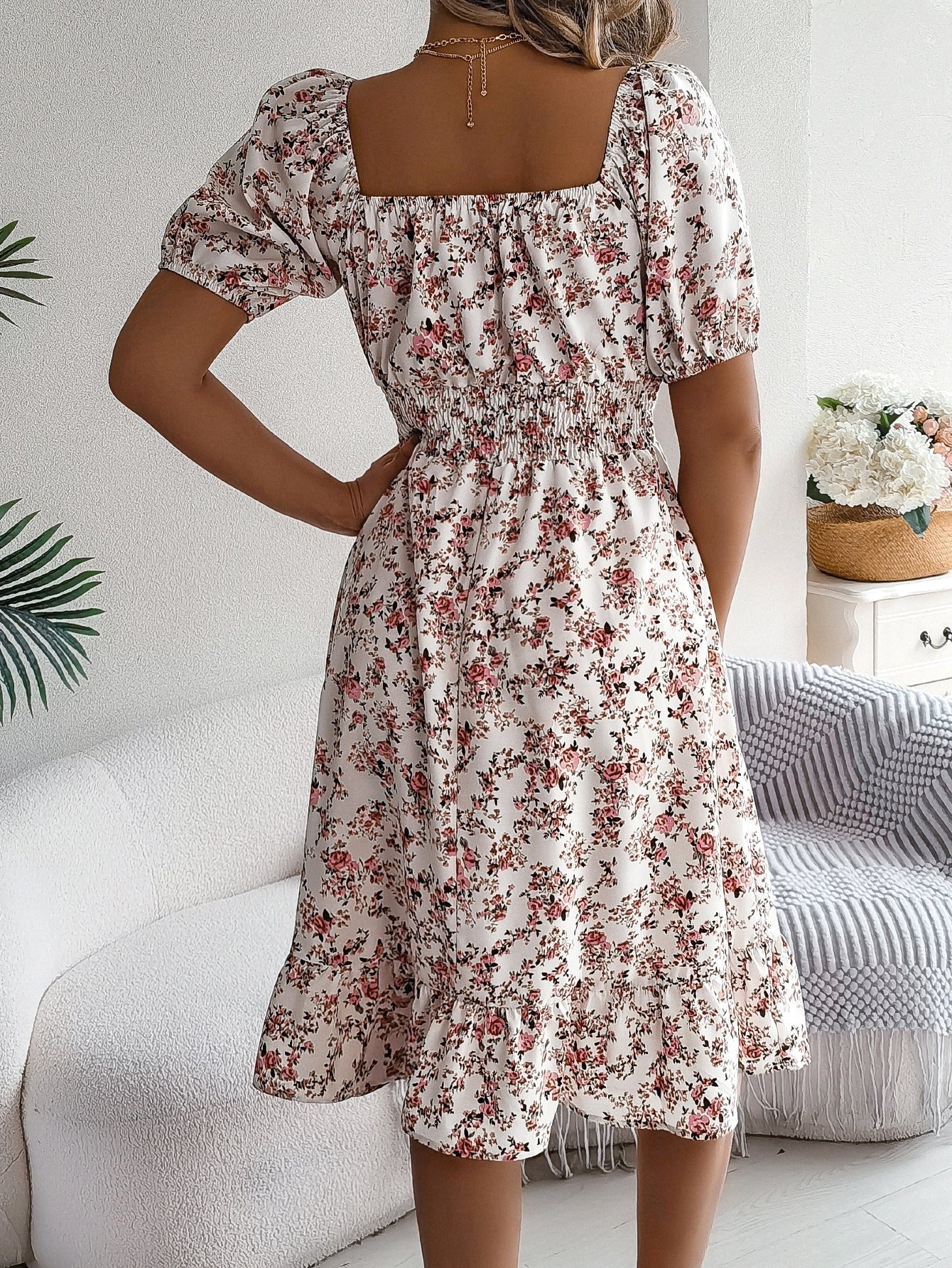 Ruby | Women's Floral Dress with Square Neckline, High-Waist Midi Dress | Dressific