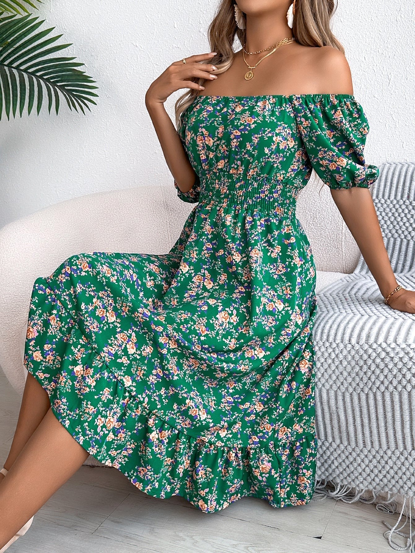Ruby | Women's Floral Dress with Square Neckline, High-Waist Midi Dress | Dressific
