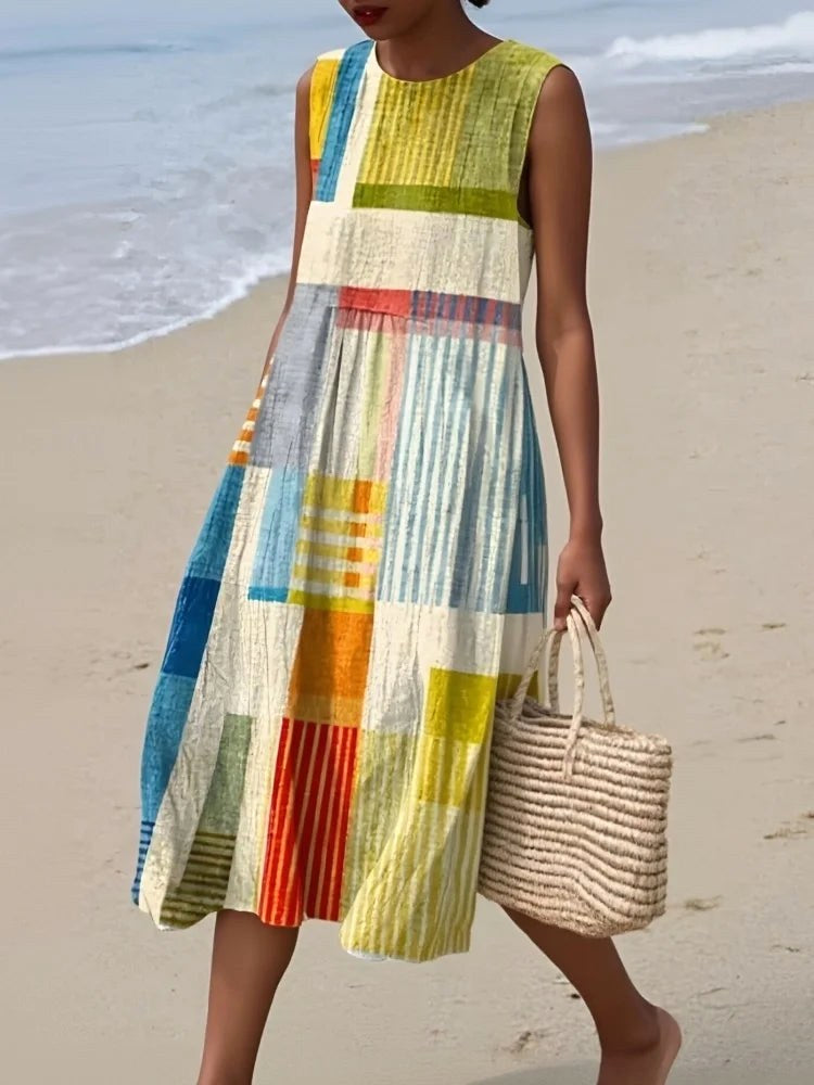 Samantha | Women's Sleeveless Geometric Art Midi Dress, Straight-Length Occasion Dress | Dressific | Yellow