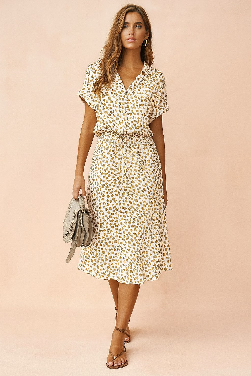 Savannah | Women's Boho Midi Dress with Tie Waist, Lightweight Summer Dress for Holidays and Resort Wear, Lightweight Summer Dress for Holidays and Resort Wear - Beige