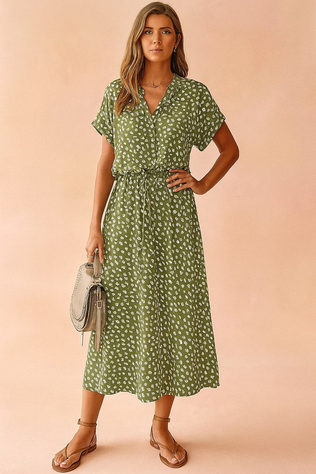Savannah | Women's Boho Midi Dress with Tie Waist, Lightweight Summer Dress for Holidays and Resort Wear, Lightweight Summer Dress for Holidays and Resort Wear - Green