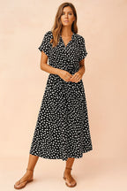 Savannah | Women's Boho Midi Dress with Tie Waist, Lightweight Summer Dress for Holidays and Resort Wear, Lightweight Summer Dress for Holidays and Resort Wear - Black